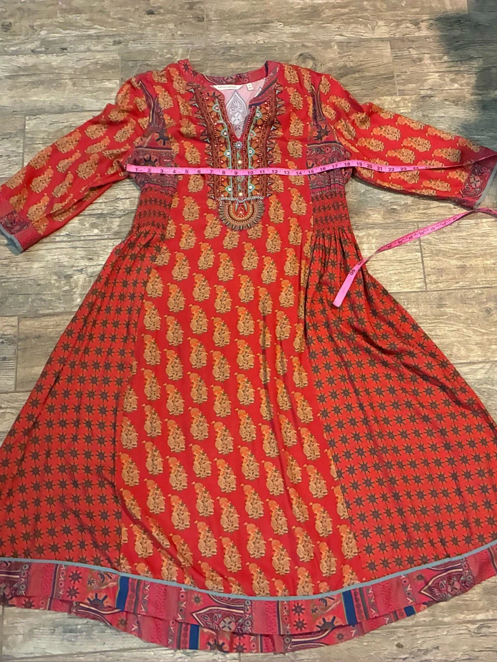 Women’s Soft Surroundings Red & orange boho Printed Midi Dress w bell sleeves - Picture 5 of 6